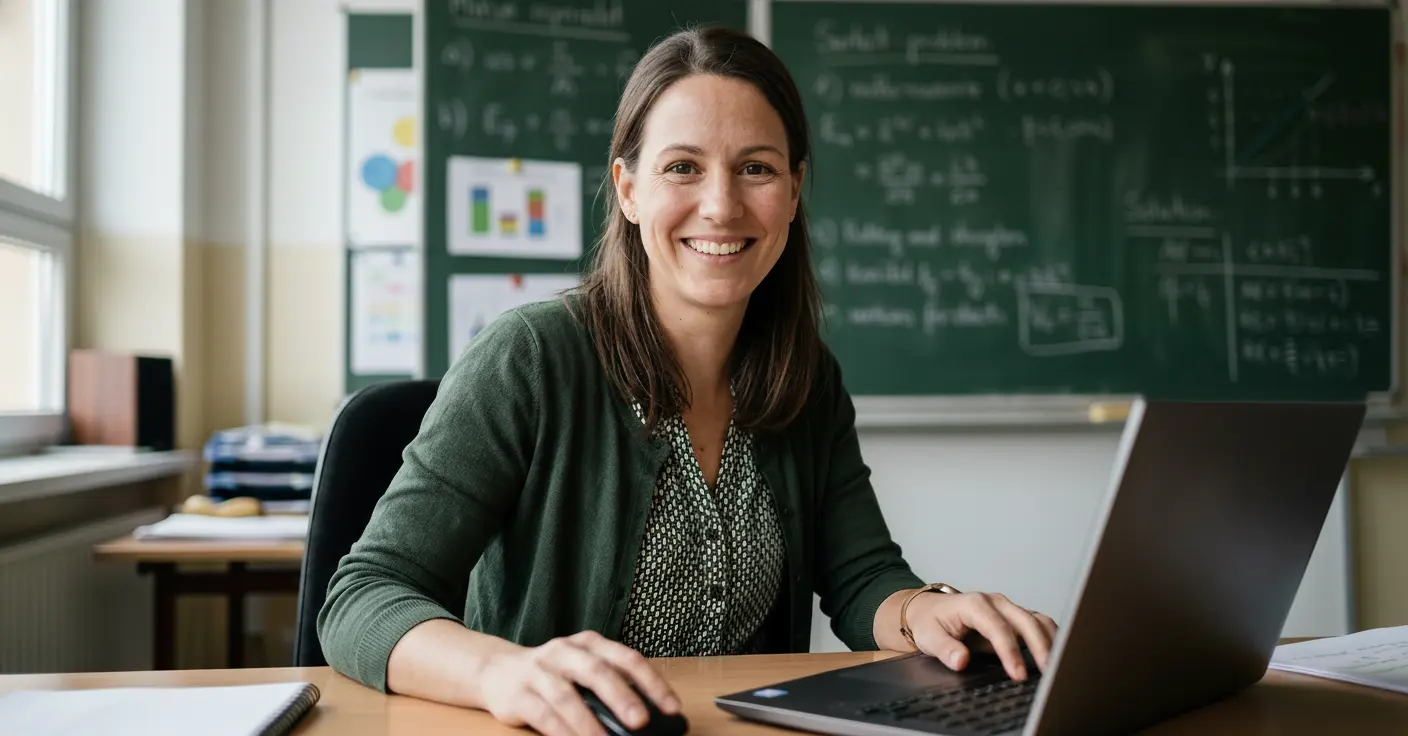 Profesora sonriente usando un computador, mirando directamente a la cámara